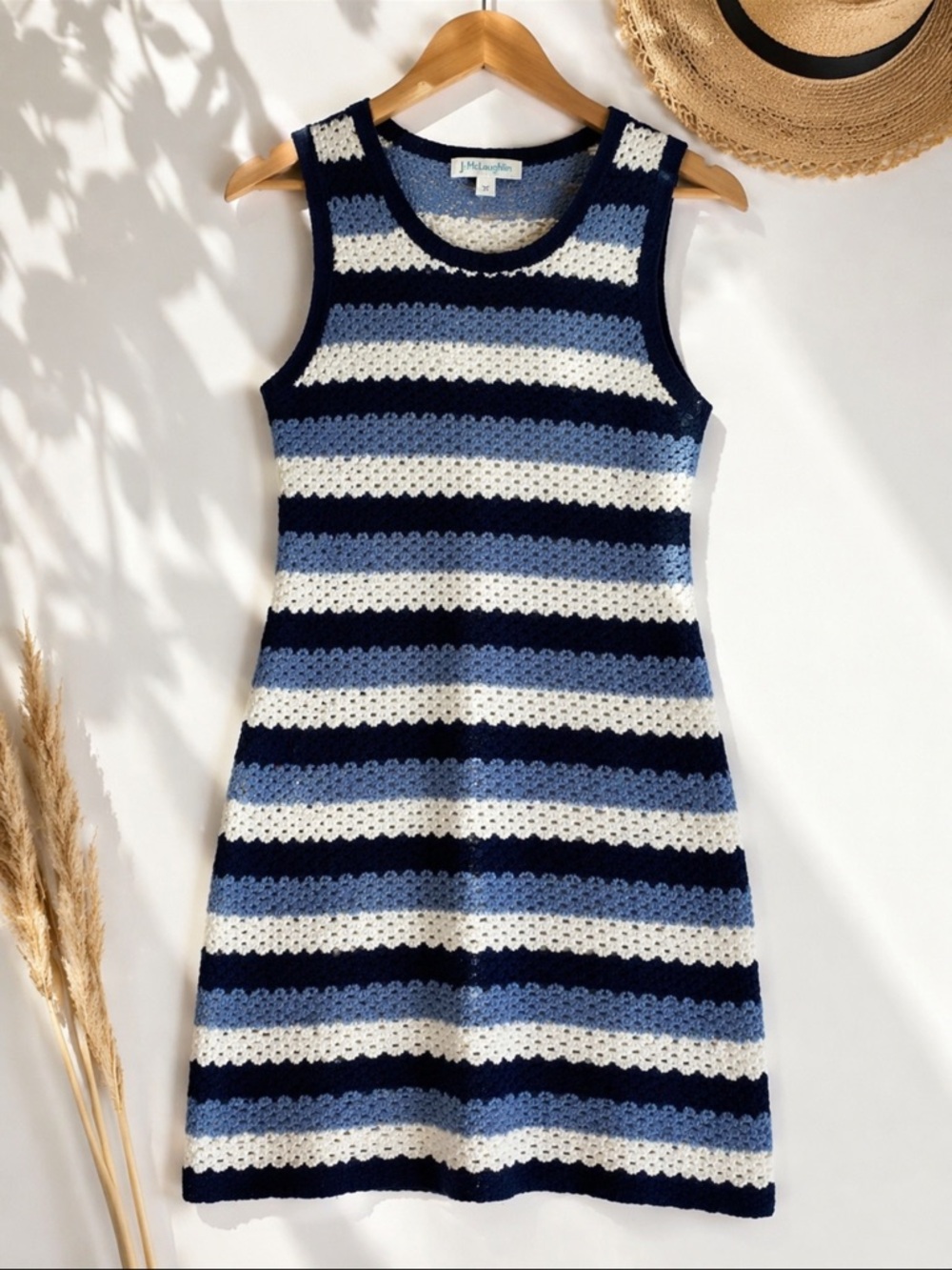J McLaughlin Crochet Knit Dress Blue White Stripe Coastal Beach Size XS